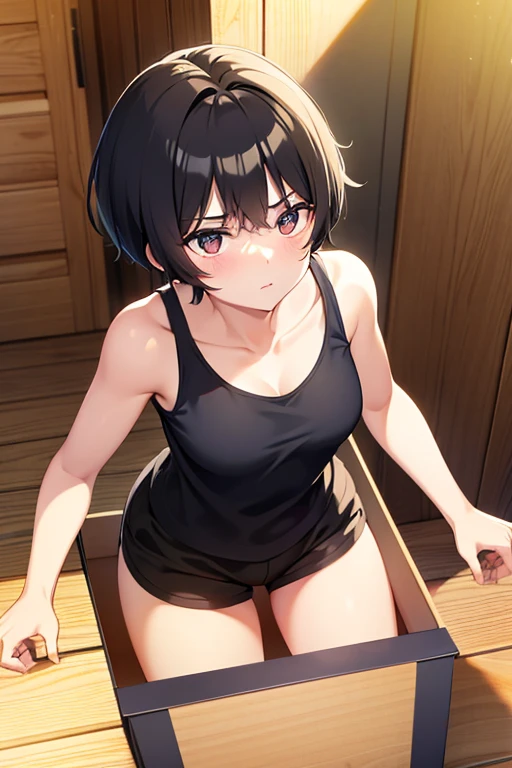 She is crying a lot in the waiting room. She is shedding a lot of tears. She is wiping her tears with her hands. her eyes are closed. Cute Japanese high school girl with short-cut black hair. Sports bra, bikini pants, open finger gloves. Very sweaty, slender body, poor body, Small breasts. poor belly,