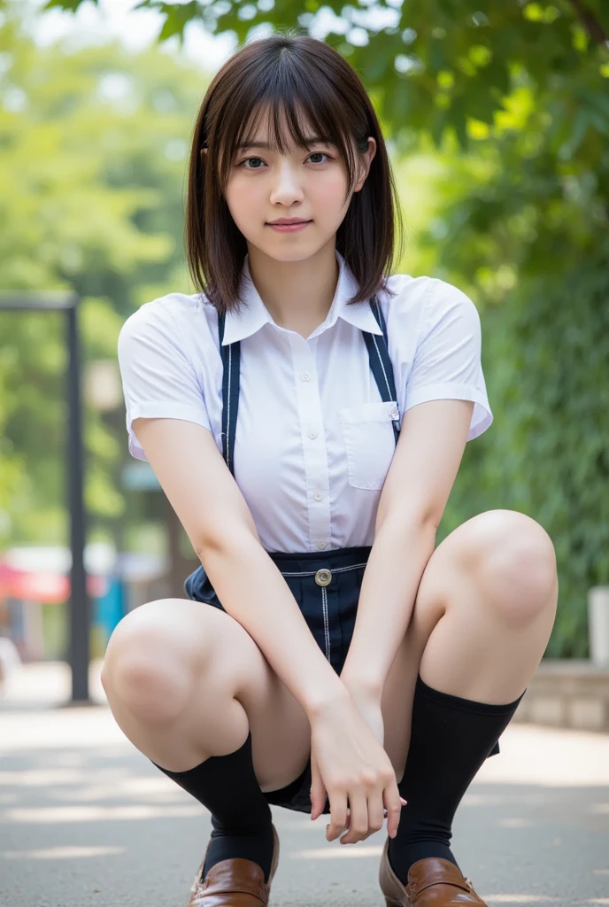 Highest quality、Ultra-high resolution、8K、masterpiece、Clear photos、Sharp focus、Delicate and beautiful 、Very cute school girl、thin、very short navy pleated skirt、mini skirt:1.8、ponytail、Brown Hair、smile、(Squatting with legs apart facing the camera:1.6)、In the school classroom、Beautiful legs、Showing off her lacy white underwear:1.8、Full body photo