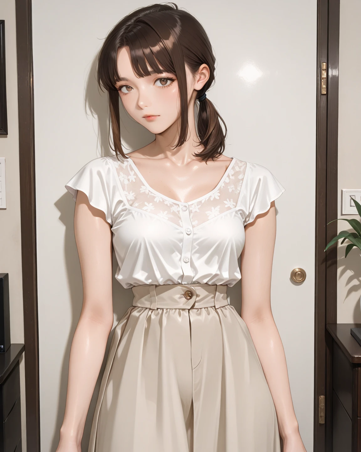 (SFW:2), photorealistic, realistic photo, 8k, ((highest quality)), ((masterpiece)), (extremely detailed), kukolnydom, doll, (female, 20yo, 20 years old:1.6), solo, ((cowboy shot, standing)), skinny, slim, slender, thin body, (naked shirt, parted lips, green eyes, brown hair, plastic skin, looking at another, glass eyes, gradient eyes, shining eyes, detailed eyes:1.3)