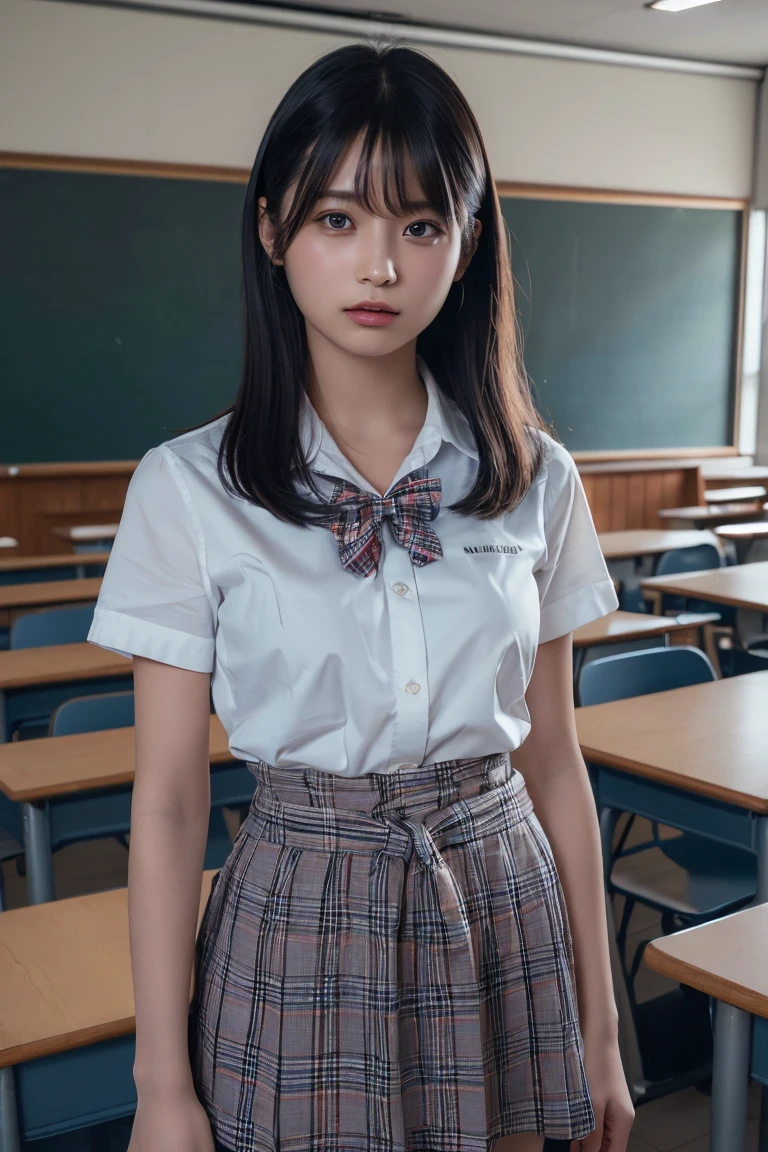 (best quality:1.4),(masterpiece:1.4),(photorealistic:1.4),(Realistic:1.2),(ultra high res, raw photo:1.4),(hdr, hyperdetailed:1.2),(8K:1.2),cinematic photo,photo of black hair,1girl,solo,wearing ,plaid skirt,kneehighs,bowtie,standing,((Japanese classroom)),