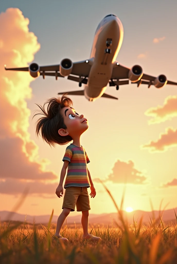 A young boy stands triumphantly on the hood of an old, rusty car, holding a toy airplane aloft. He wears a green shirt and blue jeans, with a strap slung across his shoulder. The backdrop features a warm sunset with hues of orange and yellow, and a pale moon visible in the sky. Tall grass surrounds the car, adding to the nostalgic, dreamlike atmosphere of the scene.