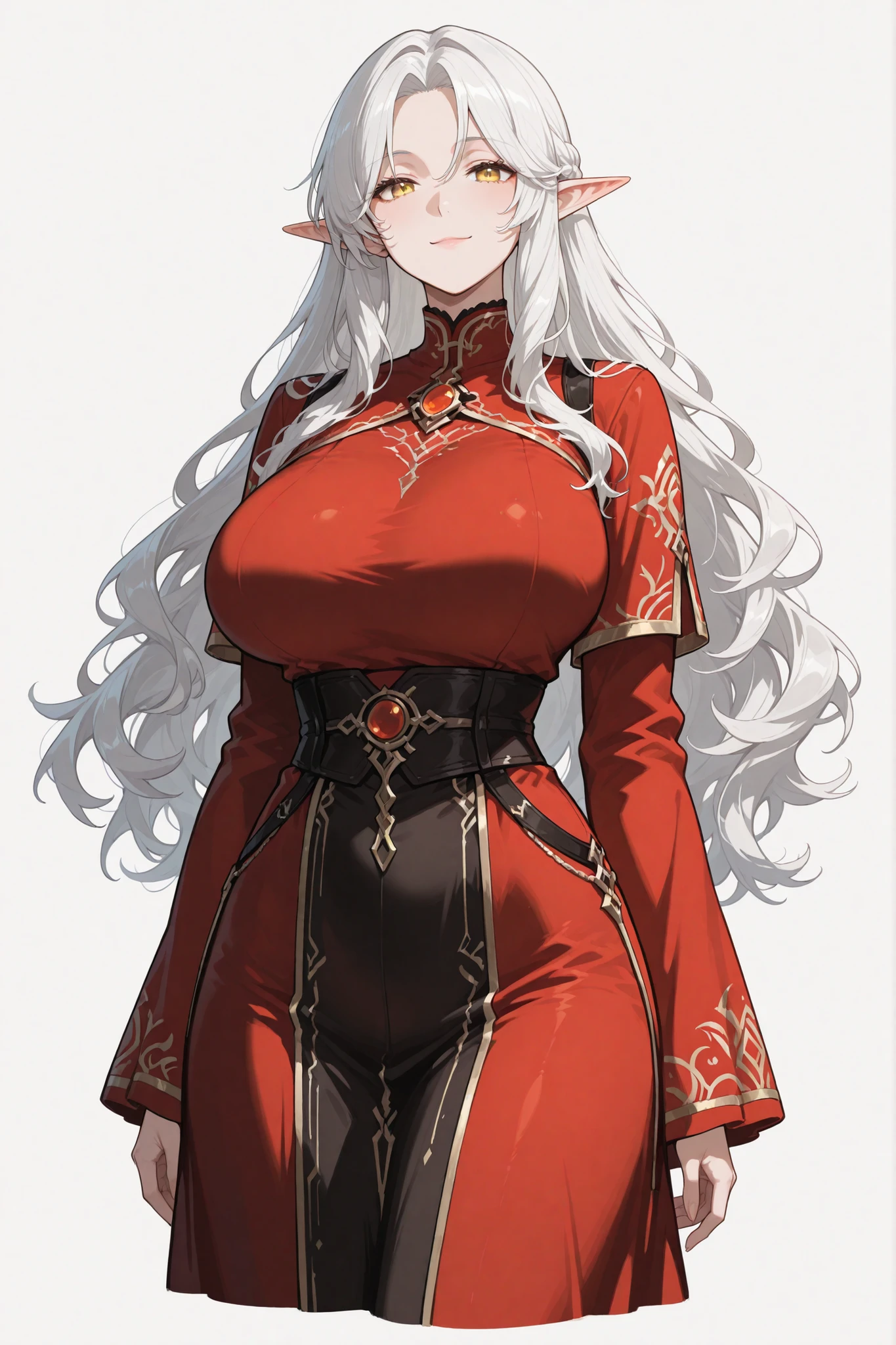 A woman wearing a long gray coat, silver hair, burgundy eyes, outside a medieval castle, air-conditioned in autumn, several leaves falling to the ground, expressionless, big breasts, perfect quality, ultra resolution, very detailed, masterpiece, 4k hd.