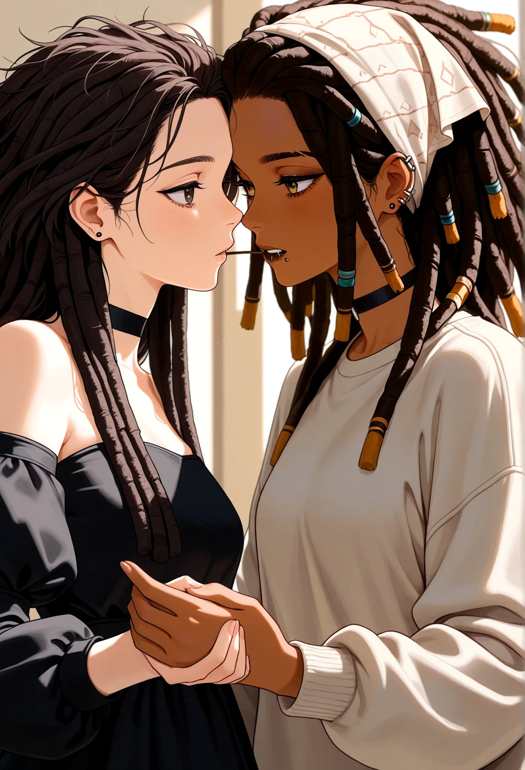 Cute ebony 15 year old girl, kid body, long dreadlocks hair, sensual position at home