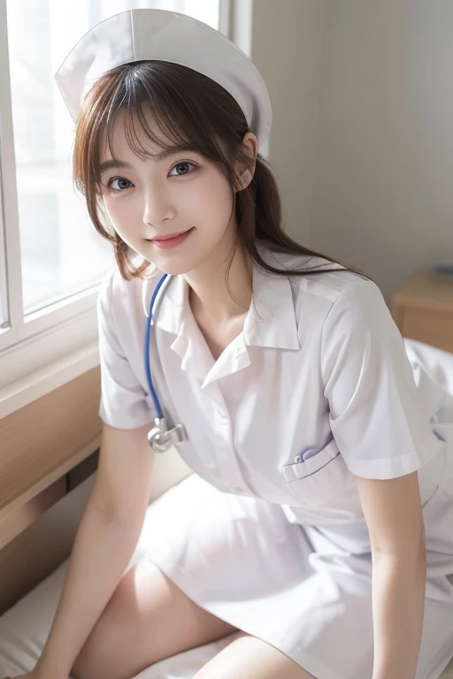 very bright hospital room、(bright windows、white lace curtains)、(Rape a cute nurse on a hospital bed)、(Nurse's Cap)、（17 years old）、(look at the camera)、(alone)、(surreal), (figure), (High resolution), (8K), (very detailed), (best figure), (beautiful and fine eyes), (highest quality), (Super detailed), (masterpiece), (wallpaper), (detailed face),(((one girl)))、(((looking at the viewer:1.2)))、innocent smile、cute smile、a little chubby face、(gentle smile:1.3)、surrealな、(Big eyes)、(double eyelid)、(((A thin nurse&#39;s uniform with an open chest that shows the contours of the body))),Breasts wide open、((highest quality、8K、masterpiece:1.3))、(ultra High resolution:1.2)、big breasts、(white skin:1.2),(bright lighting)、(stockings and garter belt）、(Korean、Japanese、Chinese:0.3)、Wearing a stethoscope around your neck