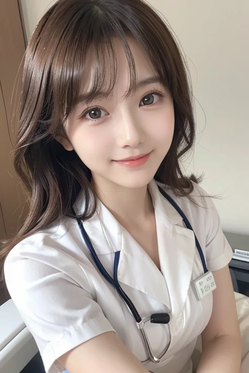(1girl)、(Japanese、27 years old、Refreshing、clear、seems kind、stylish、(narrow eyes)、Pitiful、cute like an angel、cute、black eyes、Idol,actress,), Good style and slenderness, (Beautiful big breasts:0.7),(soft breasts),(very cute),(brown hair),,(tendrils),(medium long hair),(enchanting eyes),(highlight on eyes:1.2)、(8K、Live shooting、highest quality、masterpiece:1.2、optimal lighting)、((masterpiece)),(Photo taken by a professional photographer),(real、photo real:1.4),break,{ (white nurse costume),(((taraditional nurse uniform))),(white nurse mini skirt),(( pantyhose)),(cleavage:0.7)},(Smile1.0),(cheeks are red:1.2)、,((Breakfast cart))、Face close-up:1.3,Looking at viewer、Mouth wide open, break, break,Hospital room,