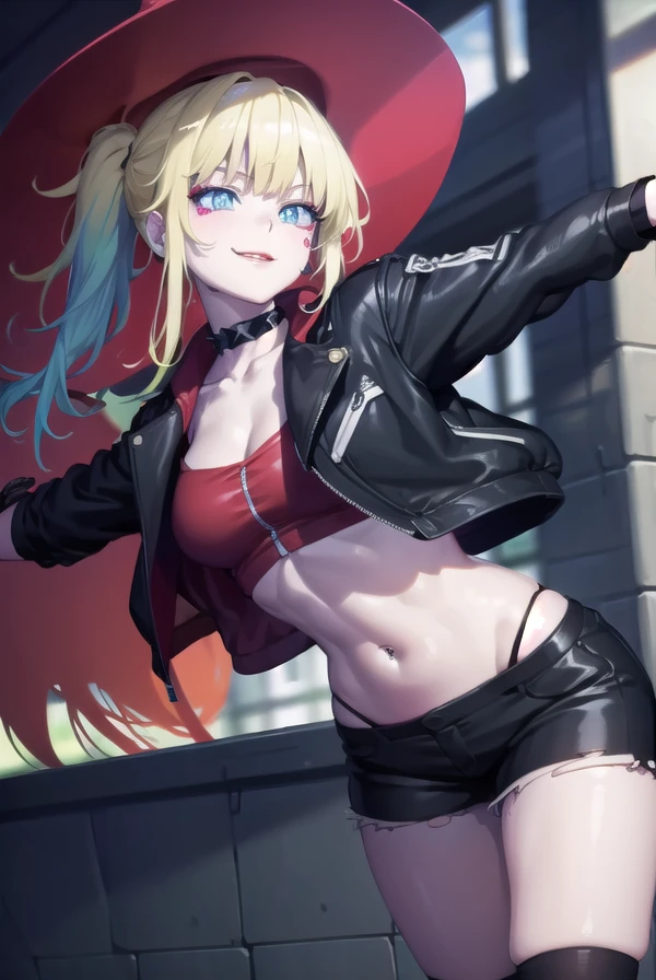 harleyquinn, <lora:harleyquinn-lora-nochekaiser:1>,
harley quinn, bangs, blue eyes, blonde hair, twintails, blue hair, multicolored hair, choker, gradient hair, makeup, piercing, pink hair, lips, lipstick, red lips, smile, grin,
BREAK thighhighs, gloves, navel, cleavage, jewelry, jacket, open clothes, shorts, black gloves, midriff, black thighhighs, fingerless gloves, collar, bracelet, open jacket, black jacket, crop top, torn clothes, short shorts, tattoo, chain, spikes, cropped jacket, spiked bracelet, spiked collar, micro shorts, multicolored jacket,
BREAK looking at viewer, full body,
BREAK outdoors,
BREAK <lyco:GoodHands-beta2:1>, (masterpiece:1.2), best quality, high resolution, unity 8k wallpaper, (illustration:0.8), (beautiful detailed eyes:1.6), extremely detailed face, perfect lighting, extremely detailed CG, (perfect hands, perfect anatomy),