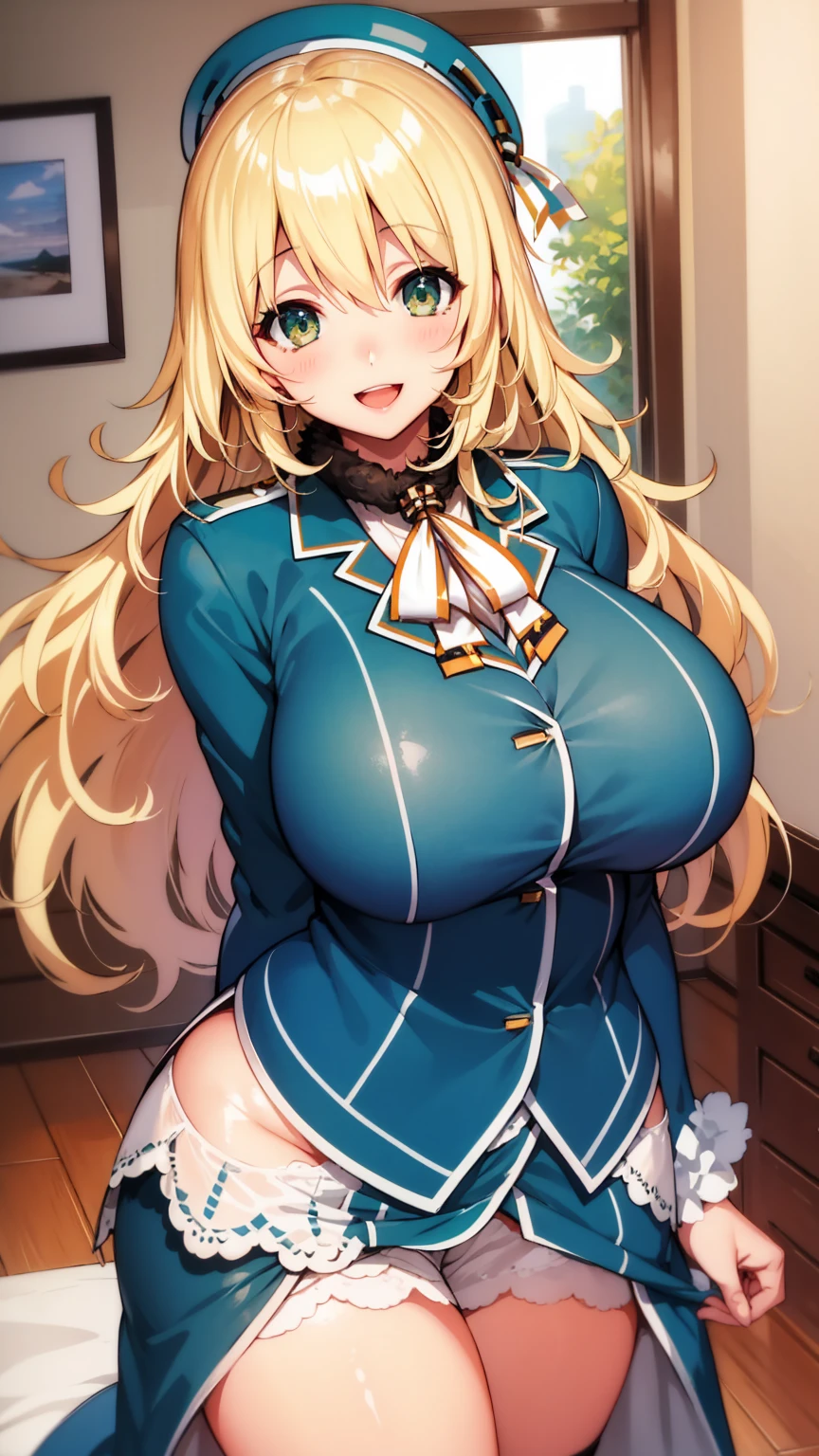 embarrassed,
seductive smile,
(sitting), (raised leg invitation:1.5),(cowboy shot),(extreme close-up of thigh:1.5), (The view is from very close below:1.5), Prayer pose, Dynamic Angle,
Atago,((Highest quality)), ((masterpiece)),(detailed),High resolution,Sharp focus,Perfect Face,{best illustration},
(非常にdetailed CG unity 8k wallpaper),(((Vibrant colors))),Official Art,(Perfect hands, Perfect Anatomy),
shiny 肌,very shiny 肌,Shiny body,plastic glitter 肌,exaggerated shiny 肌,illuminated 肌,
green色の瞳, Beautiful Eyes,Symmetrical eyes,Big eyes:1.5,Seductive eyes, (erection of nipple),Camel Toe,
Blonde,Perfect hands,1girl,pubic hair,(Huge hips:1.3),(Huge breasts, Glamour:1.2),
blue軍服,beret,(black)gloves,(black)pantyhose,(green)High heels,(blue)skirt,(black)innerskirt,
panties under pantyhose,
Luxury,Night view,Red carpet,Luxurious chair,Double bed,indirect lighting,窓から見えるNight view,
