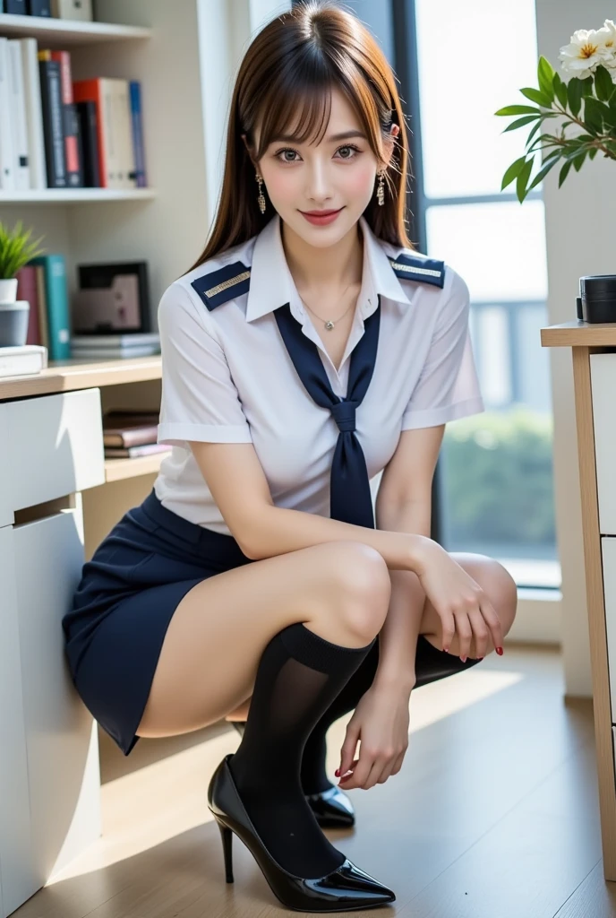 (masterpiece:1.2),(8K high resolution), (highest quality), (RAW image quality), (realistic), (realistic:1.37),long eyelashes,(Live-action realistic style),realistic light and shadow,clear facial features,,Fair skin,best portrait, 1-Girl,highly detailed skin,(Beautiful face with double eyelids), (realism: 1.4),((full body image)) ,delicate and beautiful face,,woman around 30 years old,(beautiful face 1.4),straight hair length,,(lipstick,beautiful earrings),((Taken at the airport)),(stewardess uniform,)),(Stewardess in uniform),,(3/4 length),Shoot head-on,,Close-range shooting,((squat in the airport,Show your panties)),,(((Look at the audience and smile),、((Wearing a stewardess uniform)),(smile without opening your mouth),(Squat down),((Crouch in front of the viewer)),squat with legs apart,Crouching in front of the viewer,You can see the white panties,Open your legs to show your crotch