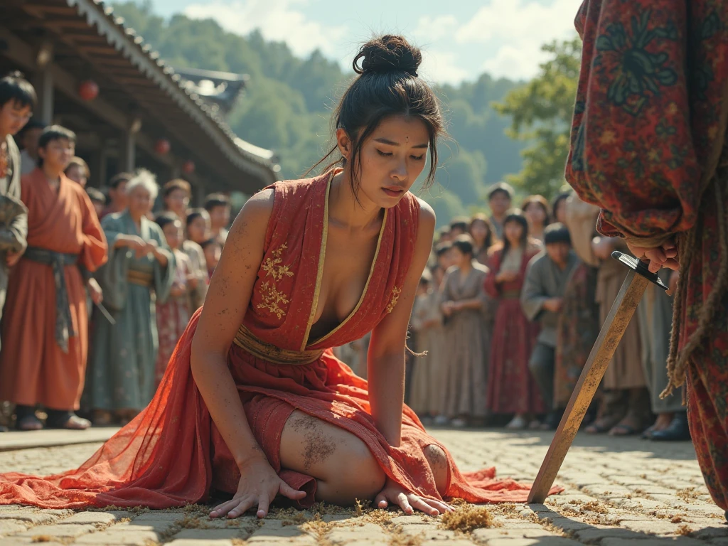 (best qualtiy),(solo person++),Woman in red costume,((Kneeling pose,Point at you with your ass))mature,(Female captive+),Flirtatious,cabelos preto e longos,hair-bun,huge tit,Fragrant shoulders,Bare legged,Jade foot,Barefoot,Barefoot,(binding),(execute+)(Women cut off their heads),(anvil,Beheaded by a large sword),Decapitation ceremony,jewelry,Normal posture