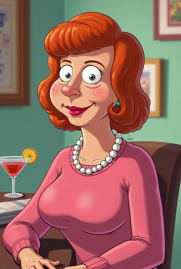 (((skinny woman))), (((smoking a cigarette))), milf, best quality, (nsfw:1.3), highres, short hair, sidelocks, (big smile:1.1), ((((small breasts)))), (((sagging breasts))), necklace, ear rings, (((redhead))), parisian bar, realistic rendering, pnotorealistic style