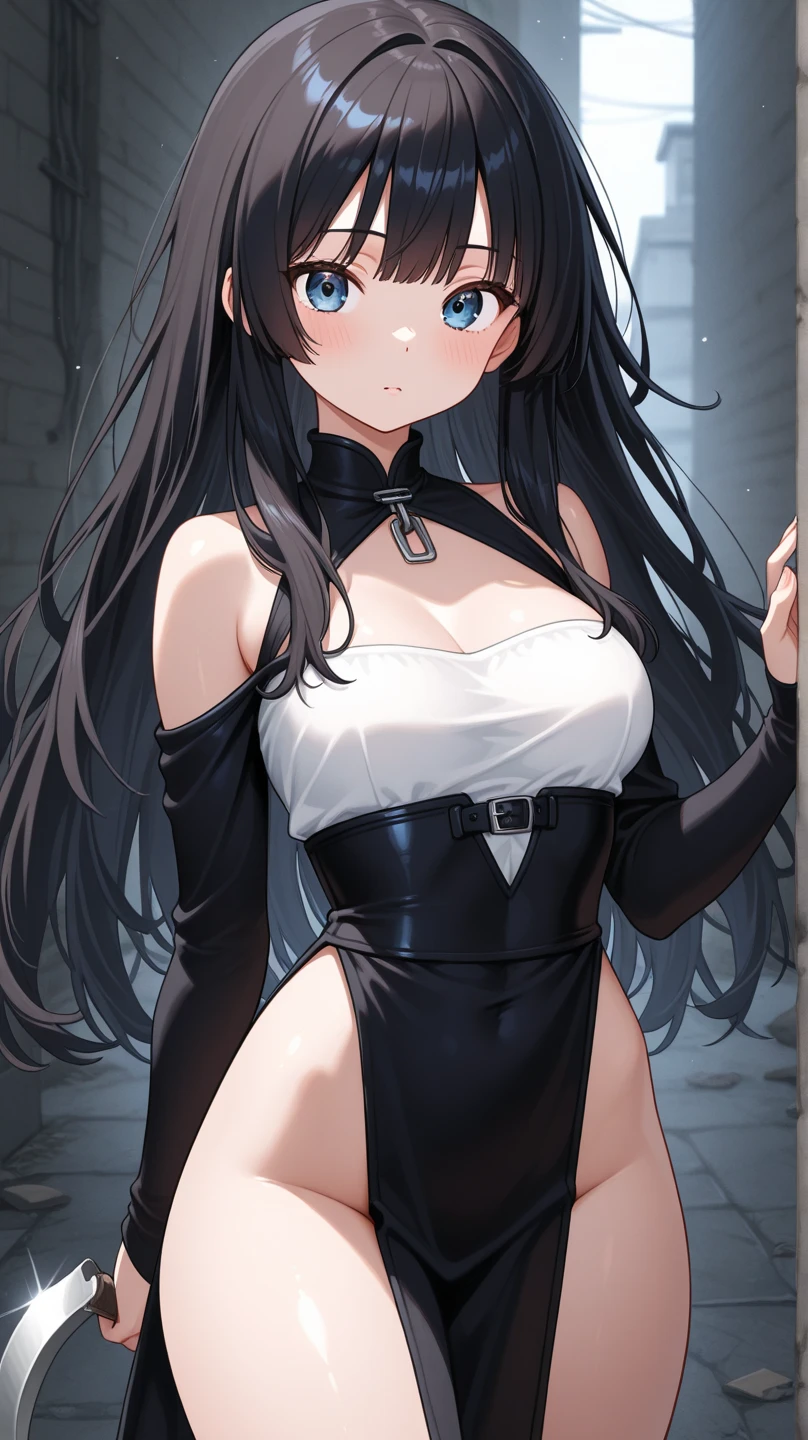 masterpiece,1girl,animal ears,(loli),cowboy shot,cropped torso,looking at viewer,arms behind back,medium breasts,(black china dress:1.6),(taut clothes),bare shoulders,black thighhighs,