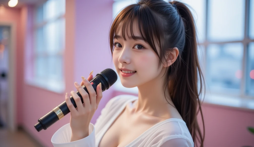(high resolution、high quality、High resolution、detailed、8k、masterpiece)、超A high resolution、(Photorealistic:1.3)、RAW Photos、1 girl、Disheveled silvery-white long hair、Glowing Skin、((Ultra-Realistic Details))、Portrait、Global Illumination、Shadow、Octane Rendering、8k、Super sharp、Beautiful breasts、Beautiful Eyes、Bright colors、smile、非常に複雑なdetailed、Realistic Light、CGSoation Trend、Beautiful Eyes、Shining Eyes、A big smile for the camera、ネオンのdetailed、20age、Mean、Small devil、Obscene、wide shot、full body、Silver charm on the ankle、Healthy body shape、Nogizaka46が着るようなIdolのステージ衣装がとても似合っている、Cosplay、A little sexy、Moe、Super cute、Beauty、pure、Fall in love、Idol、A girly cafe with gentle sunlight、A smile that will make any otaku swoon、intellectual、Mature look、A purple-red fluttering costume on a white background、Rorish、Perform on stage、concert photography、Cute Core、(((Observe the audience)))、とても美しくて美しい女性Idol、(Japanese、Beautiful contours、Beautiful Eyes、Cute eyes)、Sing on live stage、Singing scene、((Bright colorsのワンピース)), Warm Light、(Anatomically correct)、(Perfect figure)、(Natural Hands、natural finger)