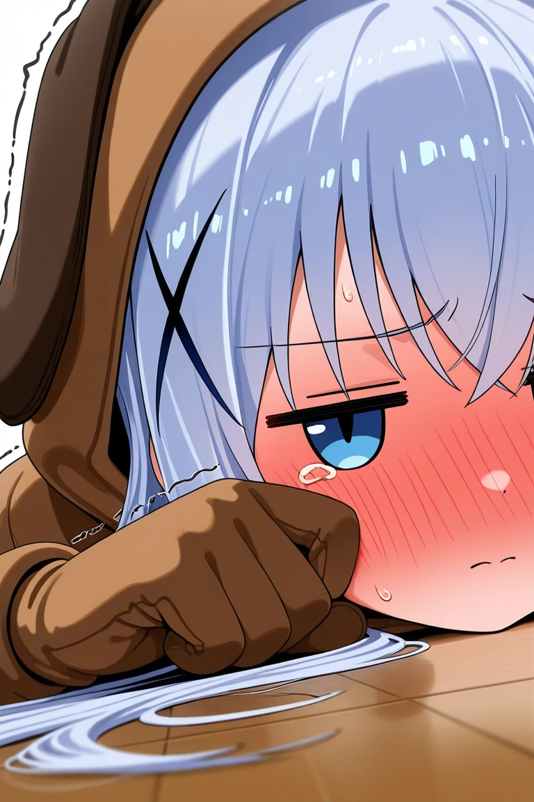 masterpiece, best quality, ultra detailed,,1girl, playboy bunny, leaning forward, sweat, crossed arms, (girl trembling with sexual climax)