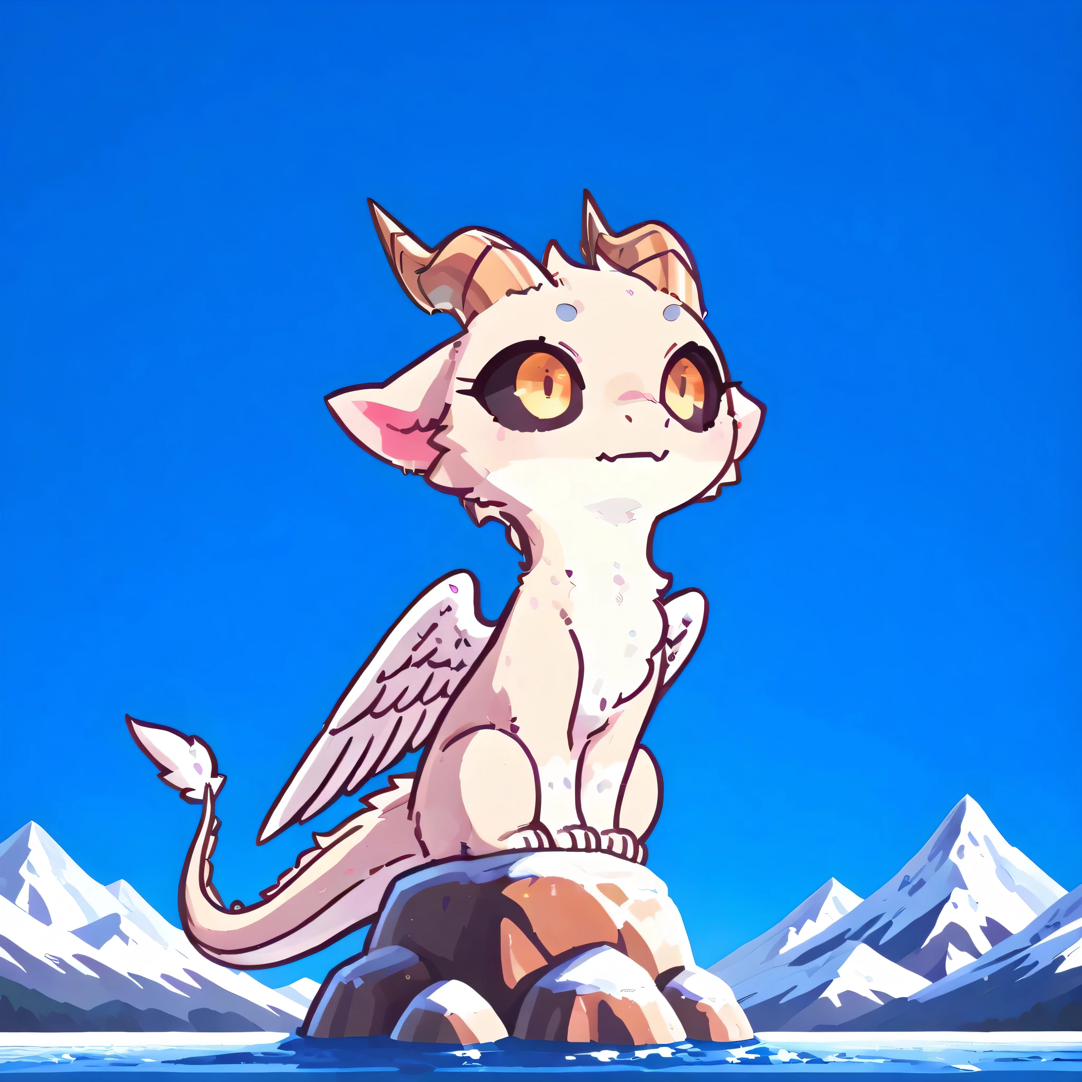 [Furred Dragon - Trendy] [Model-Test*] - 2d, mountain clear blue sky, beauty scenery, sunny, solo, female, Nymki, dragon, chibi slender, furred_dragon, angel_wings feathered_glow super_fluffy, dragon tail, digitigrade paws,  gray_fur, white_fur, head_tuft (no hair), horns, black_sclera, yellow_eyes, timid, knees together, crawl, on all_four, soft paw, sit on rock, 