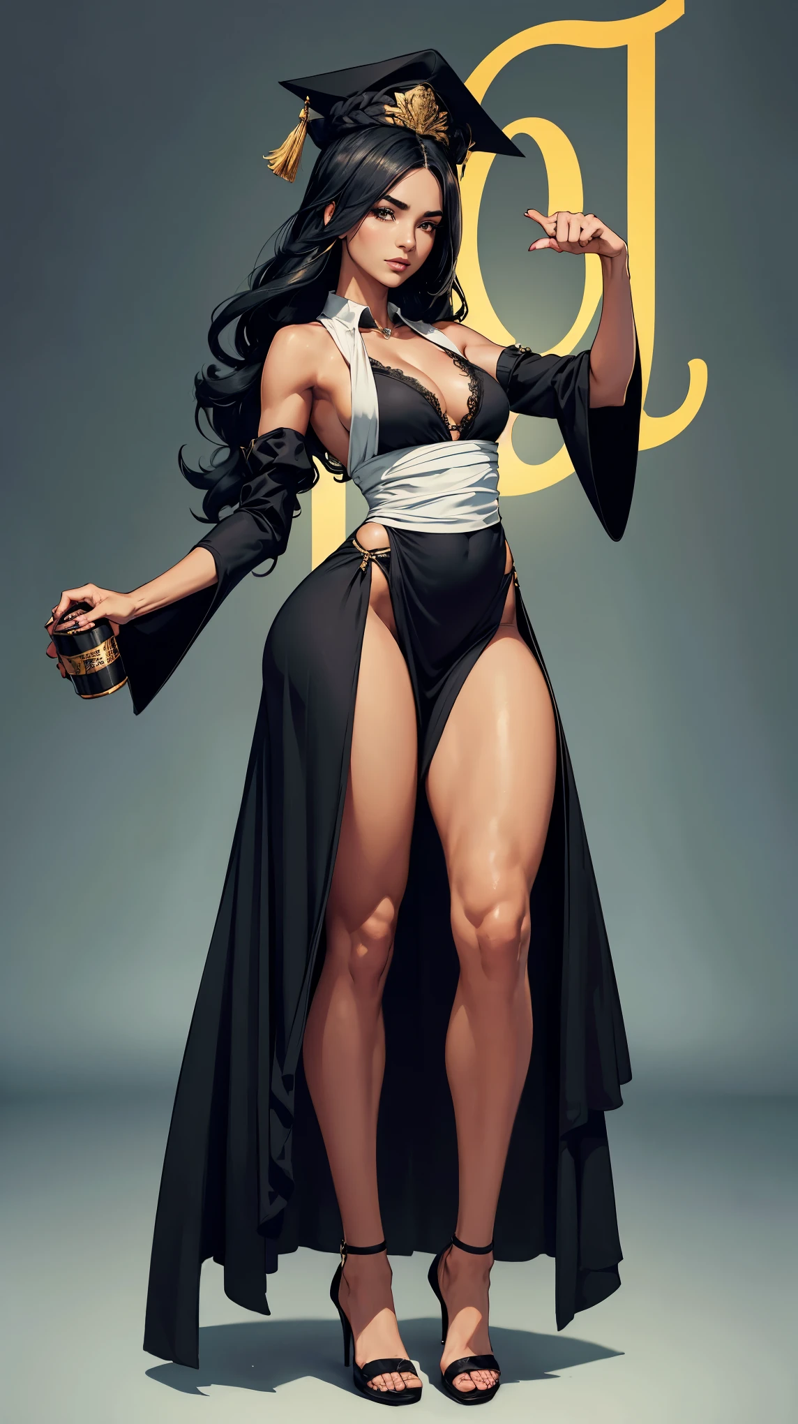 (masterpiece, hiquality: 1.1) 1girl full body standing good face, nice ass, hairstyle: braid, Color Hair: White long hair, Blindfolded: NO EYES, Skin: White (porcelain skin, sparkly skin), muscular, thights, mature woman, abs, looks at the viewer smiling, extremely huge breasts, maternal, chest cover with clothes
