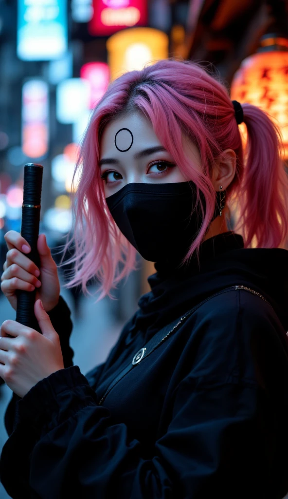 1girl, red ninja suit, hidden face, red hair, red eyes, dark alley, red graffiti, japanese led, fog