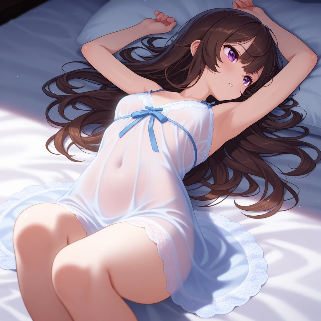 ​masterpiece, top-quality, 4K,Hi-Res, 1girl in, Marl, Glass Wonder(Umamusume)，A tremendous amount of sweat，hair between eye,{{{Normal breasts}}}，Bare arms，bare clavicle，Bare neck，naked legs，brown haired,erotick，embarassed face，White teeth，Big open mouth，light blue  eyes，red blush，{{{an lingerie}}}，de pele branca，{{{laying on back}}}，opening legs，{{{Wide-spread legs}}}，{{{Masturbation}}}，