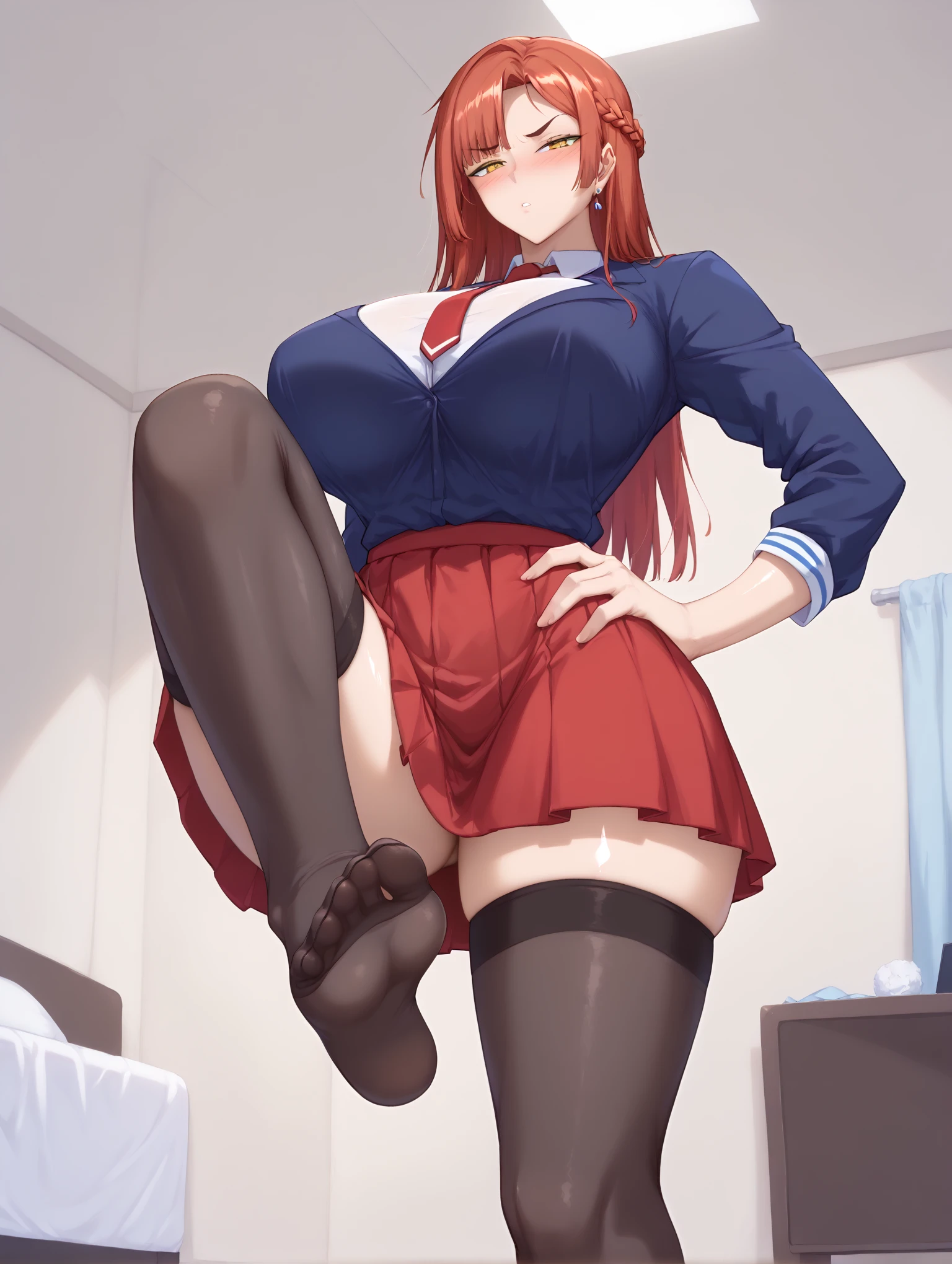 ((SFW)), (1.femele, Solo), Ultra-realistic capture、ighly detailed、High resolution 16k close-up of human skin、Skin texture must be natural、Details: The extent to which pores can be identified in detail、Skin looks healthy、Uniform color tone、Use natural light and color、(masutepiece, Best Quality, High quality:1.4), Professional artwork, Intricate details, field of views, Sharp Focus, detailed photo, masutepiece, Cinematic lighting, Urban parks, (Vibrant lighting, Vibrant colors, by Nagasawa Rosetsu:1.05),  Solo, (Curve:1.1), looking down to viewer, Smile on his face, ((From below:1.5)) Looks Back, ((Leaning forward)), seen from back, Office, (Full body shot:1.1), (Red hair:1.05), Long hair, lip stick, makeup, Ultra Detail Hair, ultra detail face, (Purple eyes:1.05), Perfect eyes, Perfect face, earrings, (Confused, blush:1.2), Red bow knot tie, Pull off your shirt, Jacket, (black thighhighs, Garter Belt:1.1), zettai ryouiki, Red pencil skirt, Office Uniform, high-heels, (Large breasts:1.1), cleavage, Big ass, thighs thighs thighs thighs, Show panties, ((From the hem of the rolled up skirt to the crotch))