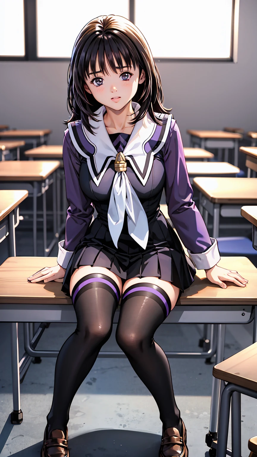 masterpiece, best quality, highres, 1girl, solo, magician, superhero, leotard, bare legs, matching shoes, gloves, looking at viewer, empty classroom, soft lighting, leotard, black hair, purple eyes, medium breasts, long hair, sitting in a chair, full body, light particles, magic, hair down, cool, holding trumpet