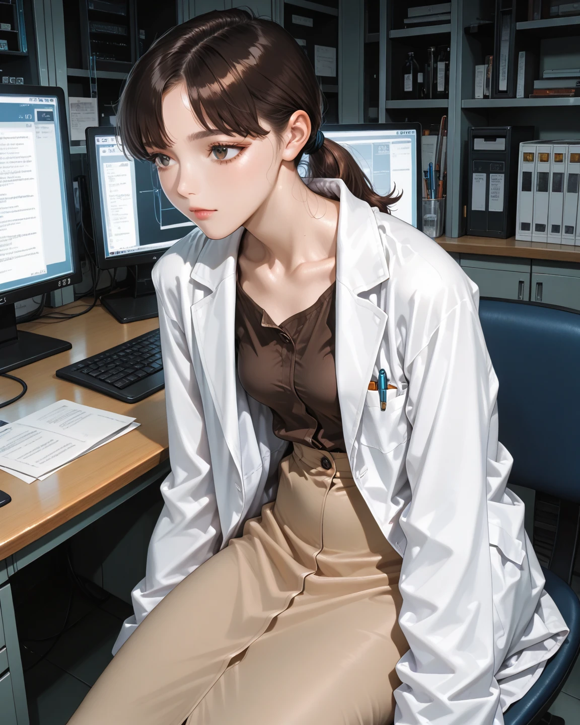 Doctor, 1 woman, solo, sitting (Looking at the audience), (white lab coat:1.5), long skirt ,Stylish clothes mature woman /(dark brown hair/) Bangs, smiling kindly (The best quality masterpiece:1.2) , Delicate illustrations, Special details, (hospital examination room) In the building, desk (X-ray image of the lungs:1.2) Detailed background