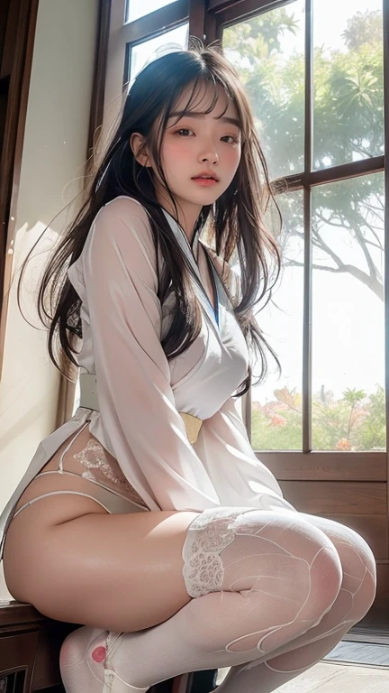 (Hyper-realistic), (Illustration), (High resolution), (8K), (Extremely detailed), (Best Illustration), Yol ( chain saw man ), (Beautiful detailed eyes), (Best Quality), (Ultra-detailed), (masutepiece), (Wallpaper), (Detailed face), Solo, Upper body, Focus on Face, 1 girl, Long Black Hair, Korean, Thin eyeshadow, A detailed eye, Brown eyes, Small moles under the eyes, very slender legs,Please wear a long-sleeved shirt, Neckbow, Small breasts,Smaller chest,Black knee socks, Dynamic Pose, low illuminance, Night, Dark, Clouds, a dark night,sit on sofa,Happy,White panty,White bra,