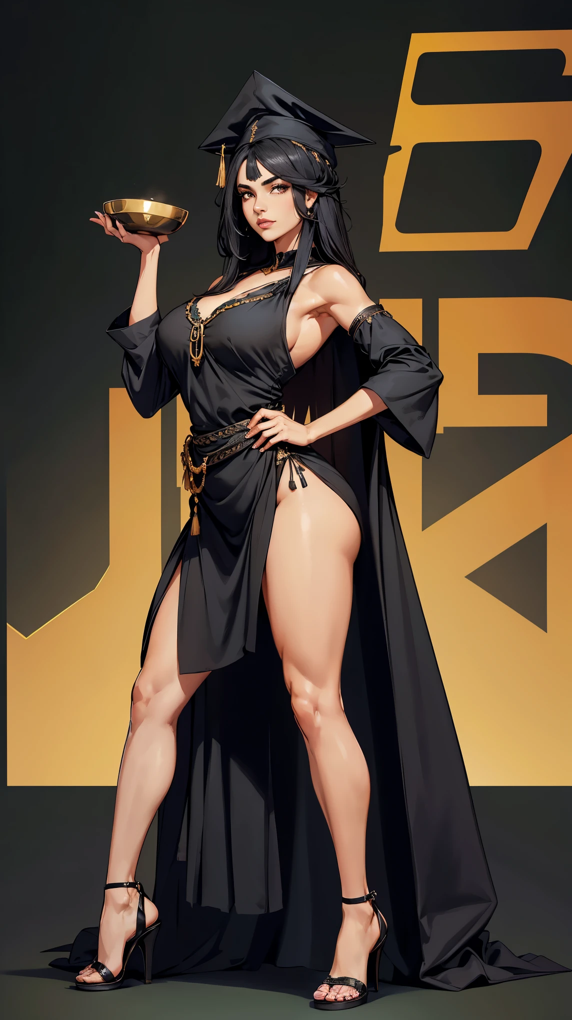 1 woman, (masterpiece)),(((best quality))),((character)), ((full body view)) ((seductive pose)) mature face, defined cheekbones, high cheekbones, illustration, girl, muscular, ((ponytail:1.4)), sexy bimbo, (gigantic breasts:1.7) black hair, ((detailed face:1.4)) beautiful woman, movie poster showcases cave woman dressed in a rustic loincloth, taking center stage. Bathed in vibrant hues and adorned with elements of adventure, the poster captures her strength and allure, hinting at a thrilling tale of survival and primal romance, shiny skin, scribbles and marks,(puffy lips:1.5) , rough sketches, 8k,16k, (simple background, white background: 1.3),