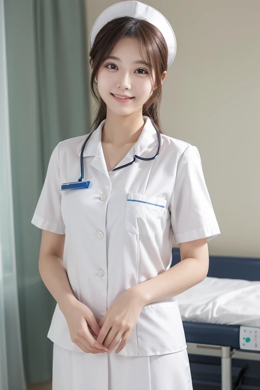 (masterpiece, Highest quality:1.2),alone,The eyes are exquisite and delicate,Brown Hair、Long Hair、Pink Lips,blue eyes,Big Breasts、Wavy Hair、(((White nurse uniform:1.5)))、Japanese
