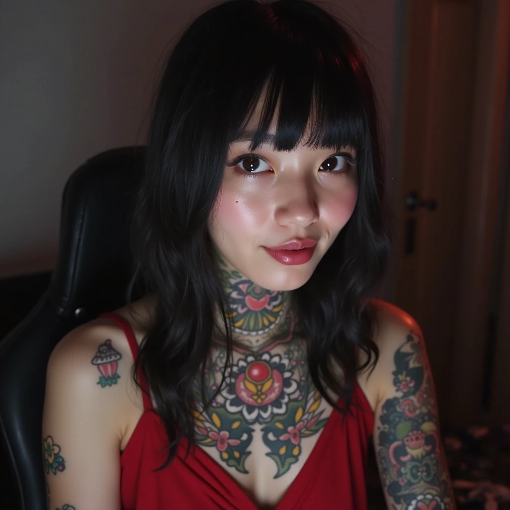 Georgeous, Beautiful, Cutes, Baby Face, 20 Years Old, White Skin, Sleeveless, Cleavage, Large Breast, Large Chests, ((Pink-Blue Pastel Coloured)) Off Shoulder Japanese Kimono, Lace Kimono, Embroidery Kimono, Muscles, Athletic, Girly, Japanese Vintage Background, Twintails, Hair with Bangs, Open Mouth, Masterpiece, Adorable, Beautiful Large Eye, Dramatic Vintage Lighting, (Yakuza Tattoo), ((Tattooed:1.1)), HDR, Fish Gape Selfie