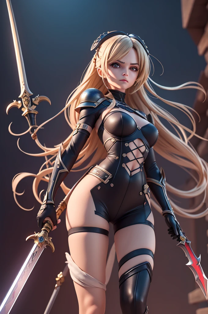 A sexy blonde warrior princess with very long hair, only dressed in a short mini skirt is running towards me with a big sword in her hands. Her perfect naked body and long legs are fantastic. She is wearing low boots with black laces, she has a perfect face , she has perfect eyes, she has full lips, Highly detailed, high quality, masterpiece