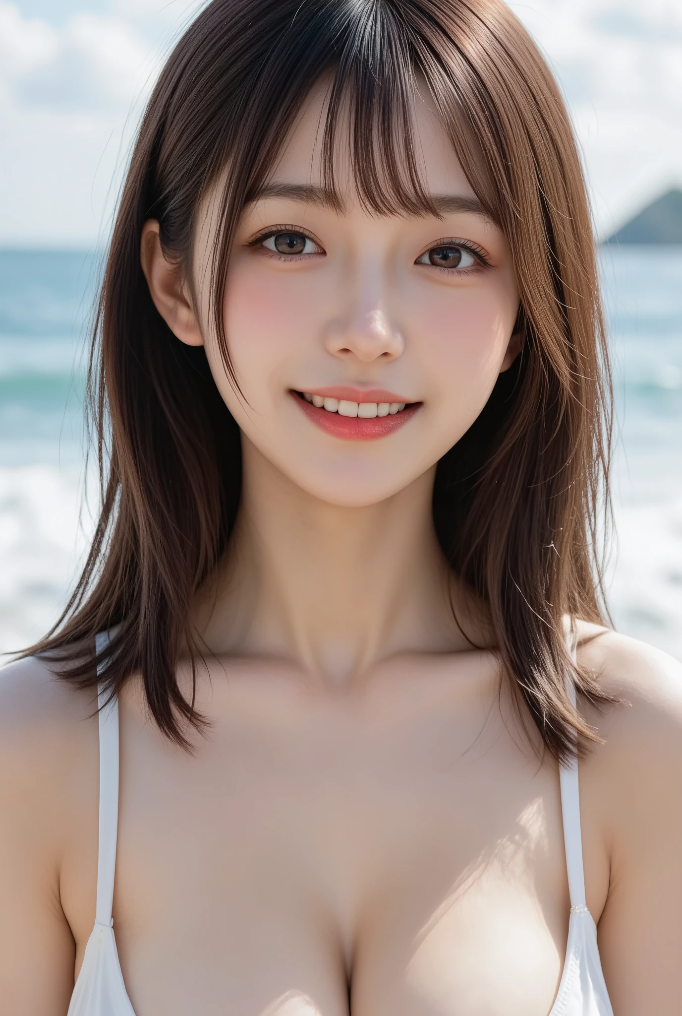 masutepiece, Best Quality, Illustration, Ultra-detailed, finely detail, hight resolution, 8K Wallpaper, Perfect dynamic composition, Beautiful detailed eyes, Bandeau Bikini, Natural Color Lip,Beach, Random and cute poses, flowing bangs,cleavage of the breast, Smile Face