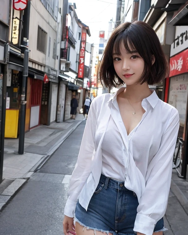 masutepiece, ​masterpiece、top-quality,  ultra-detailliert,、hight resolution, hight resolution、,8K Portrait, Unity 8k Wallpapers、extremely details CG、Unity 8k壁纸, Highly detailed CG Unity 8k wallpaper、逼真, realperson, cute little、 Portrait photos,shinny skin, Lots of girls（sixteen years old:1.5）、high-detail、(skinny  body:1.8)、Beautiful clear eyes、Ultra-fine depiction、delicated face、Lovely lips、big breasts thin waist:1.2、Thin leg、3 girls、the pose、(In the street:1.5)、(flat chest:1.5)、(Shorts:1.2)、Smaller face、bobhair、low angles、((over-size shirt:1.5))、((bending forward:1.5))、Nipples visible through the shirt