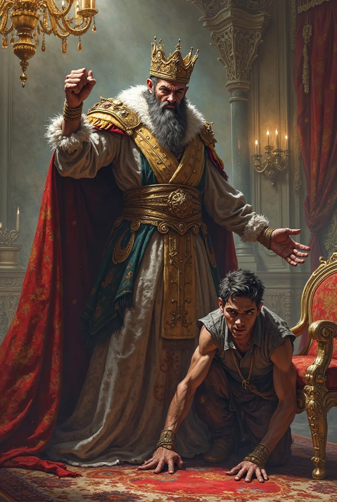The old man wears Russell Crowe（Russell Crowe）（Russell Crowe）The crown of General Maximus（Russell Ella Crowe）play（cinematic ligh：gladiator）Head，，，Coronation as king，Short dark brown hair，Small waves，Crown on head，Dressed in the emperor's robes，Delicate muscle contours, Realistic depiction, 4K quality. （Background with: The main hall of the Royal Palace），vague background，32k ULTRAHD, Best quality, Masterpiece, Super detail, High details，Correct anatomy，Ultra photo realsisim, fearsome, Dark fantasy, epic realistic, Faded, ((com cores neutras)), (hdr:1.5), (pastel colour:1.2), ultra - detailed, (Art Station:1.5), Cinematic, warm lights, Light effect, Dramaticlight, (Intricate details:1.1), the complex background, (greg rutkovsky:0.8), (red and orange colored:0.4），Meticulous muscle definition, Realistic depiction, Correct anatomy，8K, High definition, Detailed face, Detailed eyes,(Movie Premiere Poster 1.6), tmasterpiece，