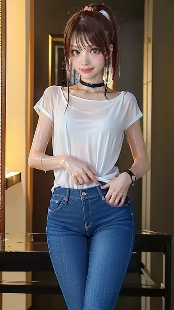 26 year old white woman、Hair is brunette、Eye color is blue、Longhaire、Slender but well-proportioned muscular body、He wears a see-through shirt that clings to his skin.、wearing skinny jeans、accessories on the wrist、setting hair、a smile、I'm on the sidewalk in front of the show window、View from the other side of the road