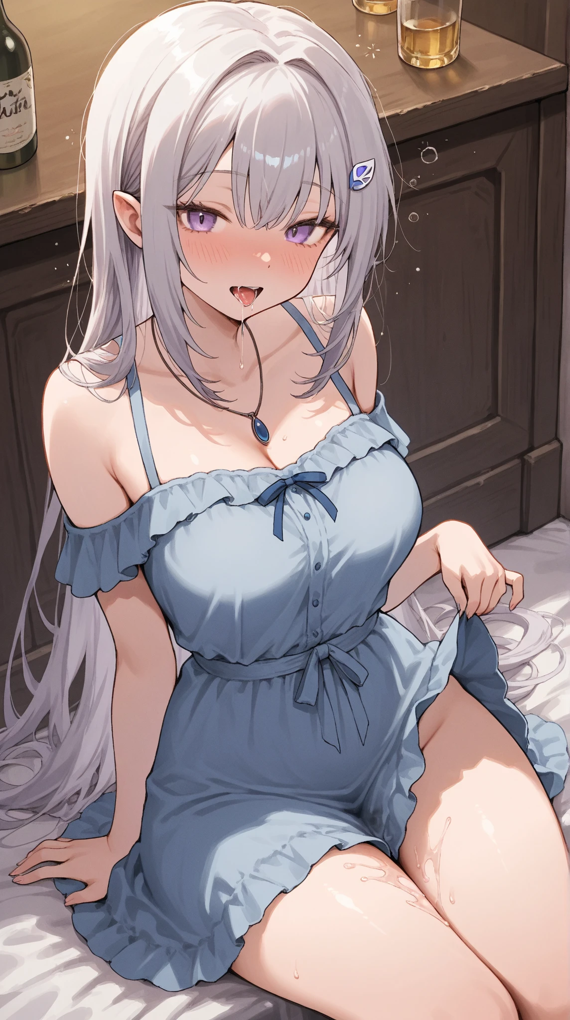 ((best quality)), ((Masterpiece)), (details), old maid, My hair started turning white....,  purple eyes, Still beautiful, Youthful look, Age 60, big breasts, No dress on.., seductive pose, pregnant,bathroom, Have a smile,