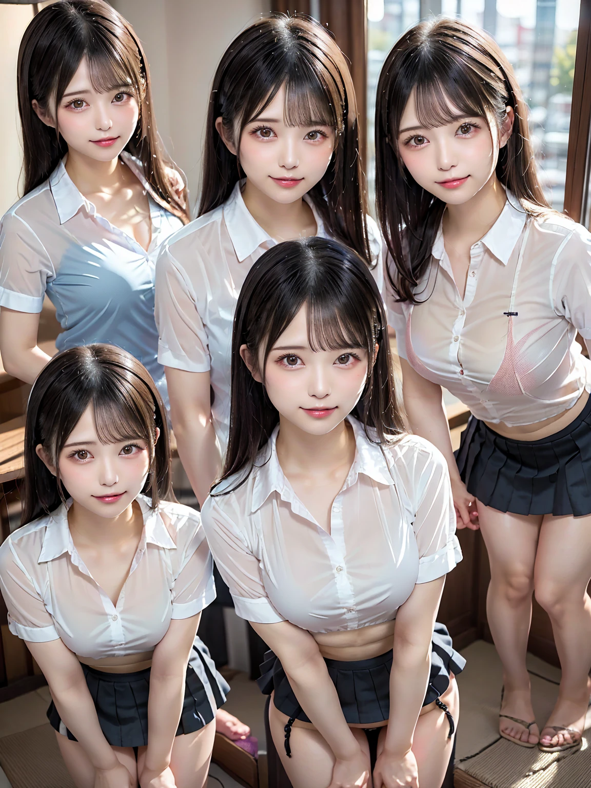 ((highest quality、perfect extreme facial details)、(stand:1.5)、(((((turn your back and look away))))、17-year-old high school girl、(When I lift up my short navy blue skirt、full nude下半身, I can see your crotch.:1.8)、(Beautiful breasts visible from the short-sleeved white shirt pulled down to the chest.:1.8)、Show ears、naked girl photoshoot、full nude、troubled face、恥ずかしくてtroubled face、Take off your panties、Lower panties,、((((((two girls))))))、((((((２high school boy high school girl)))))