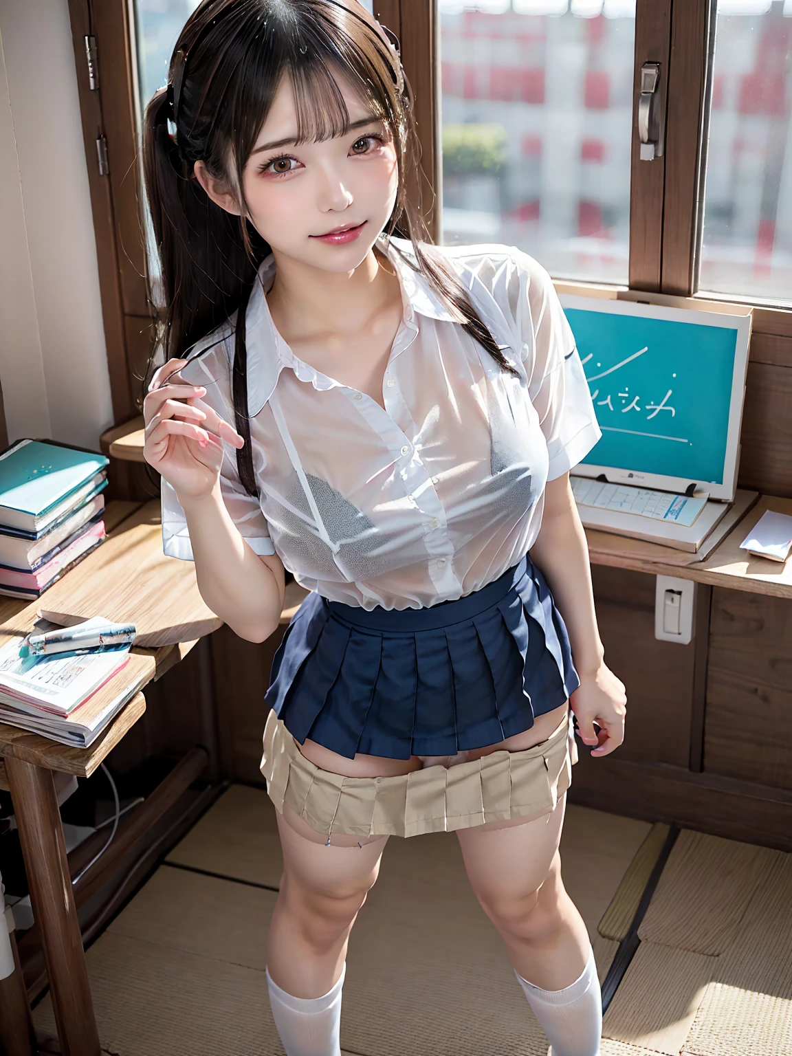 ultra-detailliert、masterpiece、top-quality、超A high resolution、8K high image quality、Photogenic clarity、A detailed eye、gradients、perfect anatomy body proportions ,hard disk、nffsw , Nikon Z9 80mm Lens , masutepiece、Model Standing、(((Minuscule panties、Small micro panties、Pubic hair can be seen through the lace of the panties)))、(((The panties are pale light blue panties made of lace material....)))、(((Dark blue school uniform、White blouses、Cute white white short sleeve blouse with ribbon、short loose socks、dark brown loafers)))、(((See all panties)))、(((The skirt is definitely worn)))、(((Lift skirt hem)))、Sit in a triangle with your thighs slightly inward、panties focus、too bright natural light、Sunshine、Detailed lace panty pattern、Plain white panties、(((Lifting skirt while standing to show off panties to camera)))、(((Beautiful alignment and snow-white teeth)))、(((Lift the skirt bigger and bigger、Show your panties to the camera)))、The most popular and beautiful employees of the company、Ultra slim body Gcup bust、Body shape of slim model、Beautiful posture、Spring outdoor、During the School Cultural Festival、Lots of people、