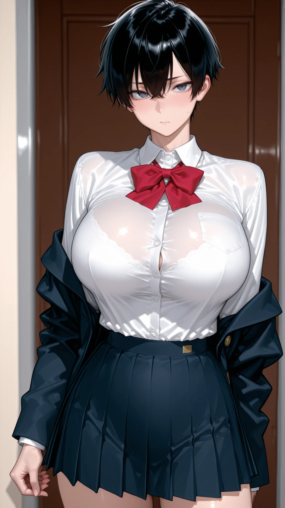 (masterpiece, best quality:1.2), huge tits, cleavage, cowboy shot, solo, 1girl, awashima seri, expressionless, closed mouth, looking at viewer, lift skirt self, blue eyes, uniform, thighhighs,(((up skirt,visible panties))),(((open shirt,show off breast,nipples))),
