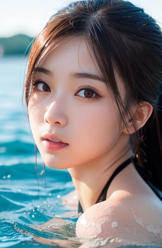 realistic, photogenic, short-length light brown-colored hair, beautiful white-colored translucent skin, a little sunburned, slendar figure, small mouth, opening mouth, loughing loud, small nose, smooth shaped jawline, slightly slanted eyes expression, glossy face, realistic figure, no-makeup, natural lip color without lipstick, the natural skin color without makeup around eyes, soakiing the pool, wearing white t-shirt, soaking wet and see-through clothing, body is submerged in the water, only the face is above the water, dripping water from the face and body, posing looks likes relaxing, feeling-hot-flushed expression, close-up to face, angle looking down from above