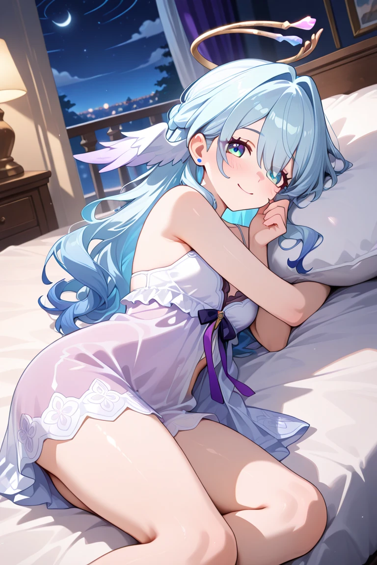 full body,on bed,bishoujo,azur lane,mecha girl,white_hair,blue_eyes,heavy breathing,lying on back,clothes_lift,off-shoulder sweater,blush,flat_chest,((masterpiece, sidelighting, finely detailed beautiful eyes: 1.2)),