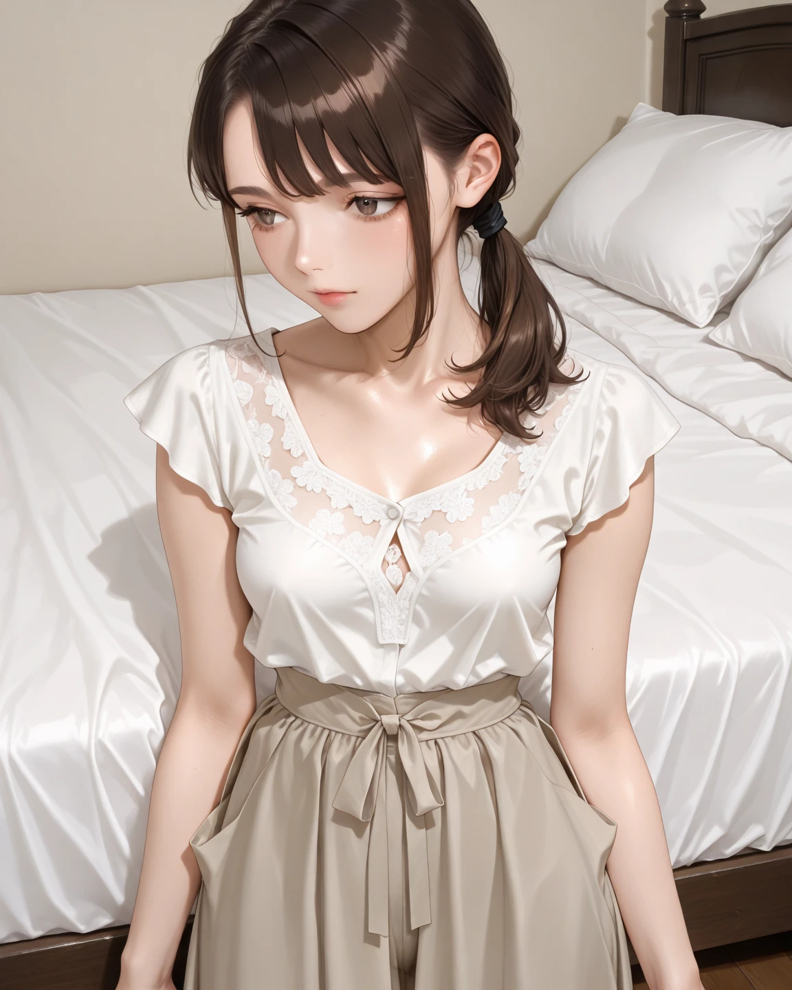 raw photo, 1girl, medium breast, light smile, detailed skin, simple background, spread legs, nipple, pussy, nipples, cute face, beautiful face, collared blouse, White blouse, constricted waist, spread pussy, opened clothes, intricate detailed, high quality1girl, nude, (shiny skin), room, perfect anatomy, bed sheet, vpussy, pov, bokeh, photorealistic, depth of field, masterpiece, best quality, anatomically correct, super detail, textured skin, highres, accurate