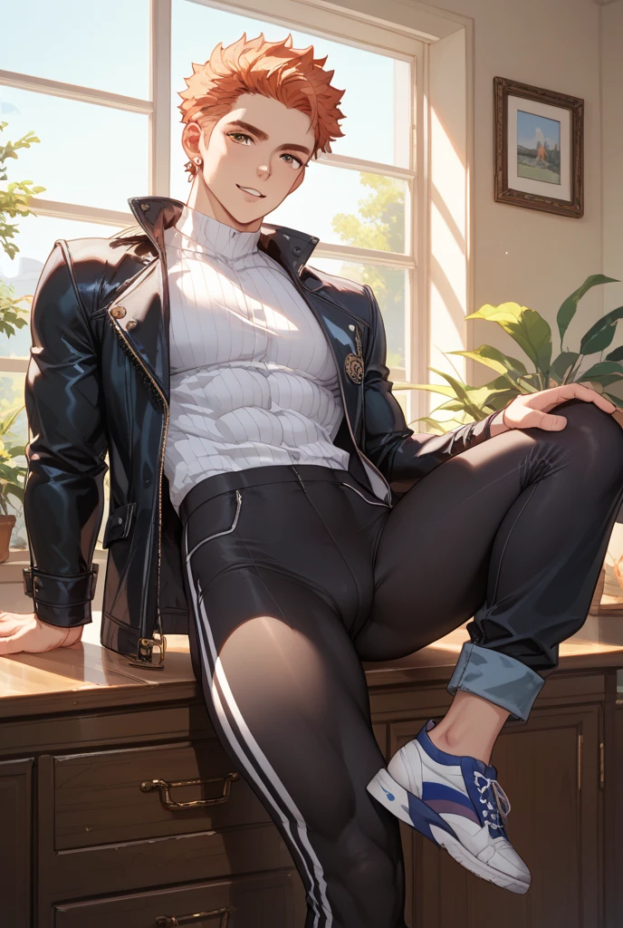1 male, ((femboy)), Guviz-style artwork, made with anime painter studio, anime realismスタイル, Realistic anime art style, painted in anime painter studio, Inspired by Kim Taehyung, In an anime style, anime handsome guy, Inspired by Kim Taehyung, anime realism, Pink hair, A smile, a choker, Multiple piercings, Man with short hair, Male one, Inspired by Kim Taehyung, bustup, hoody, Classroom at dusk, Student sitting at chair, sticking ass back pointing at the camera, hands on the butt, he sits on a chair in the pose of a rider, full body, ((round buttocks)), presenting ass, big ass, big bulge crotch, pink stockings, blue high heels,