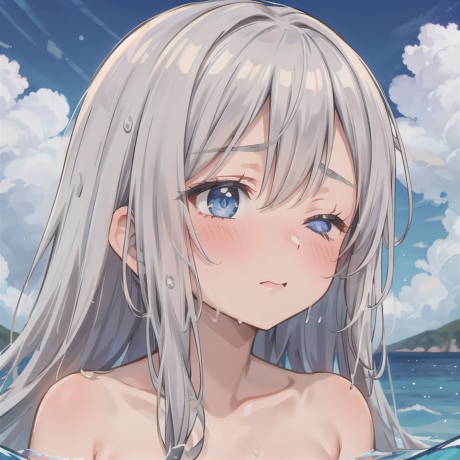 look up,close your eyes,Ocean,Beach,sit on beach,Wet Hair, Wet Skin, Water running over the skin,Sleepy eyes,strict,{{{{{Flat Chest}}}}},Very small breasts,lovelive!,strict,Open your arms,nude, Bare Chest,(masterpiece, Highest quality:1.2),shape,8K,High resolution,One Girl,alone,body,(Portraiture:1.2),Long Hair,,blue eyes,Black knee socks,Grey Hair,Hair between the eyes,Gray Hair