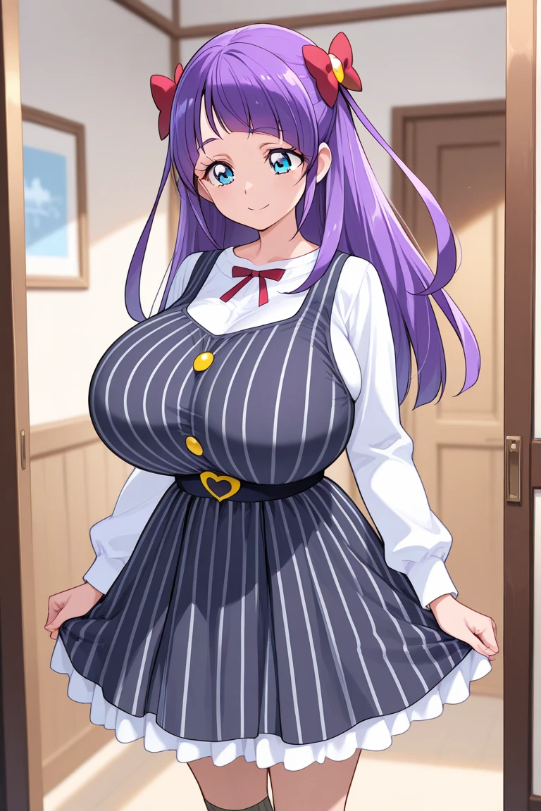 (((masterpiece, best quality, Nonsense))), 1 girl, alone, young woman (25 years old, long purple hair (length to hip length)) in a Japanese school uniform(( white blouse short buttons,pleated mini skirt,white garter thong,skin stocking(BEIGE))), Huge SFW, oppai proportions, Huge breasts, pretty girl,bright smile, expressive and sparkling blue eyes