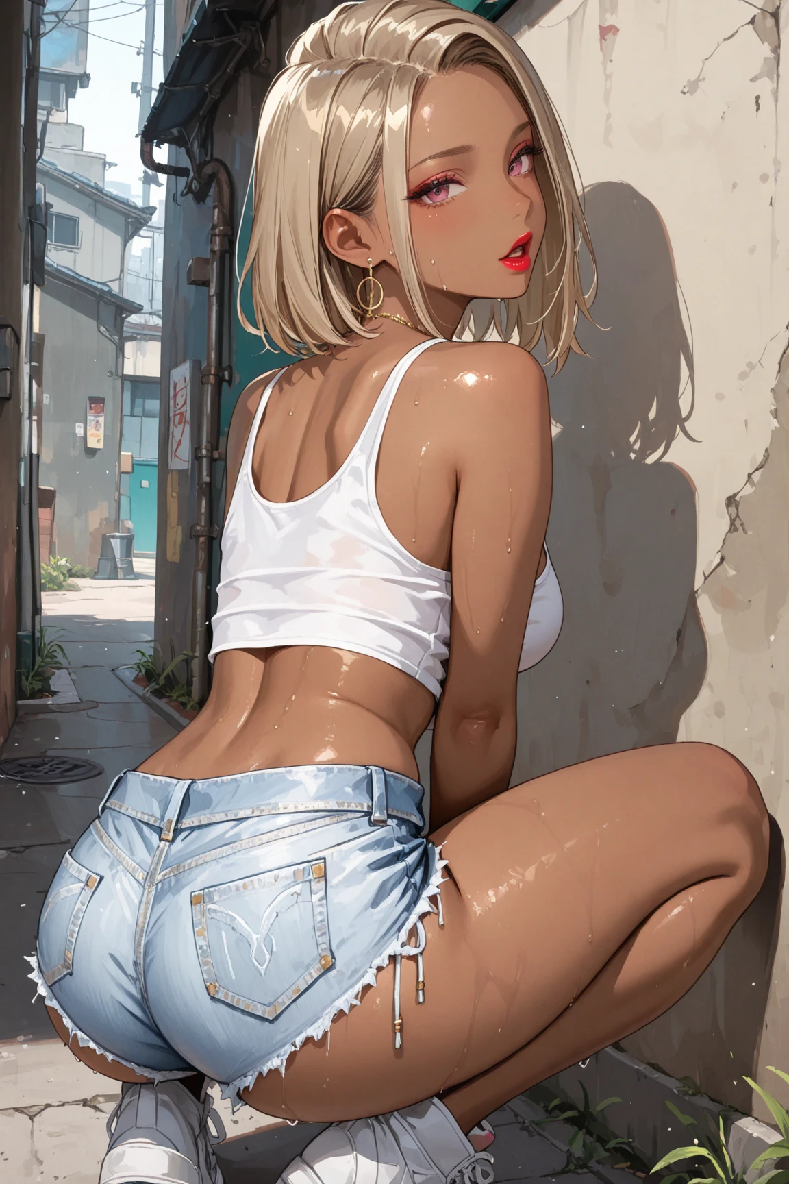 (Superflat, Flat Shading, flat-colors:1.1)、(Magazine Cover)、Illustrations、(Beautiful platinum blonde hair、short-hair、American boyish girl)、crotch open、Smiling、Draw so that the crotch cloth of the beige underwear is visible.、Skirt flipping、((Torn and tattered denim skirt、Beige panties))、Choker、When I look through the viewfinder、A bracelet、Thigh strap、Body Painting、Head tilt、8K resolution、intricate clothing、Intricate details、1girll、Solo、a blond、Standing、Cowboy Shot、Arms at sides、a miniskirt、Detailed panties、((from behind、hindquarters、heart cutout、hip incision))、Volumetric lighting、Soft light、Bright、neons、Vibrant colors、watercolor paiting、