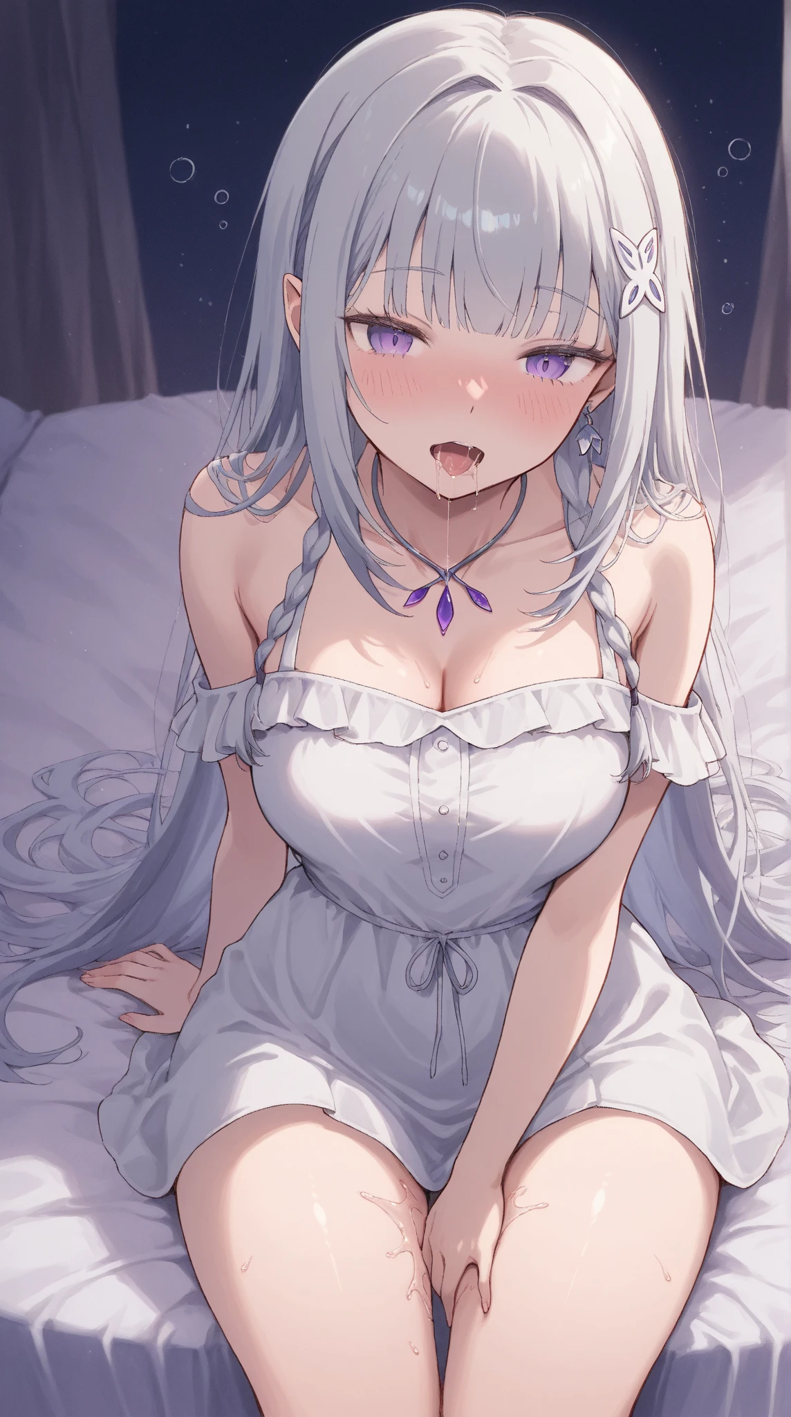 Masterpiece, Best Quality, highres, 1Girl, Solo, silver hair, purple Eyes, Upper body only, fantasy bed background, Fantasy dress Clothing, white clothes, lying on bed, large breast, pregnant, face blush