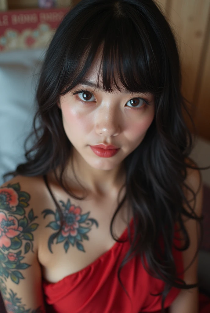 Beautiful Chinese girl, white skin, shaggy big breasts, huge breast, 23 years old, seductively smile, thick body, curvy waist, lying on the bed, sunny morning, milky white skin, a butterfly tattoo on the shoulder back, a big flower tattoo on the thigh, there is a text tatoo says "Om Abe's Sugar Babe" on the lower arm, red bra, standing, on the black bed cover, spread the legs, nakeness, full body, beautiful nail arts, thin pubic hair, wide open her legs, black hair, straight hair, sexy toe, wide camera, full body from toe to head
