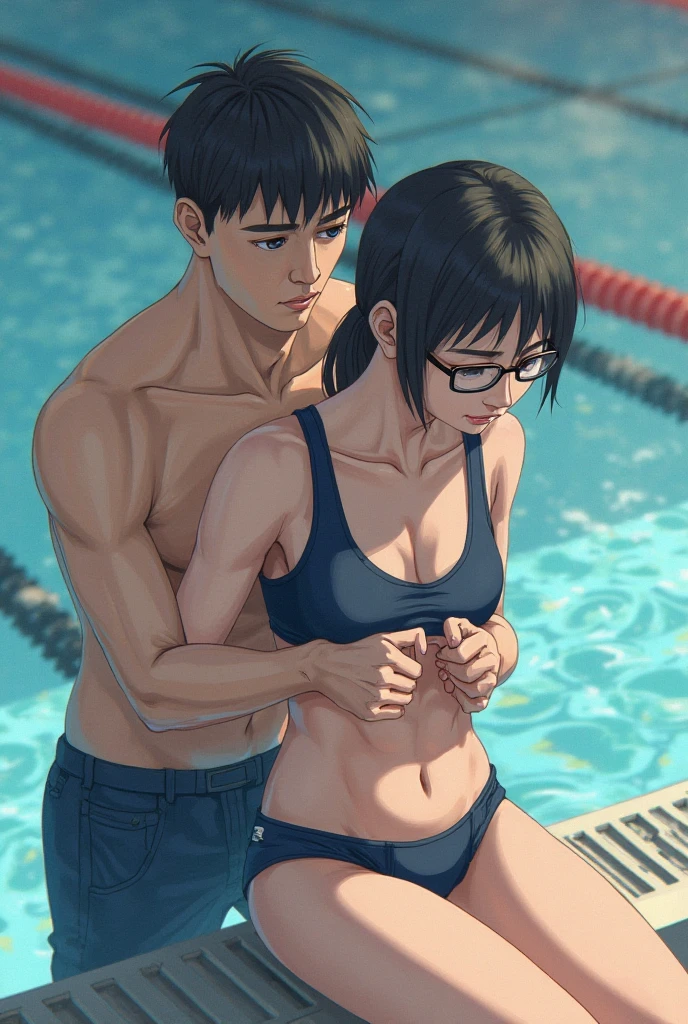 Na piscina, with glasses having, sexy woman hugging a fat black old man