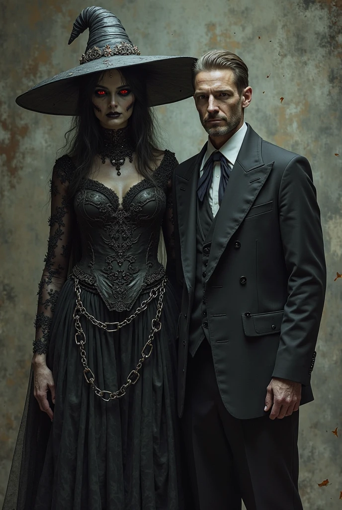Tattooed male model shaved head, pointy mustache, soul pach, tall, slim fitt, tricorne heat, american revolutionery period coat, pants and boots and a feemale black witch, cornrows hairstile (very big size breasts 2,2) caribian stile dress, melted face more a scull then a face in a cave human bones, rats and candles everywhere