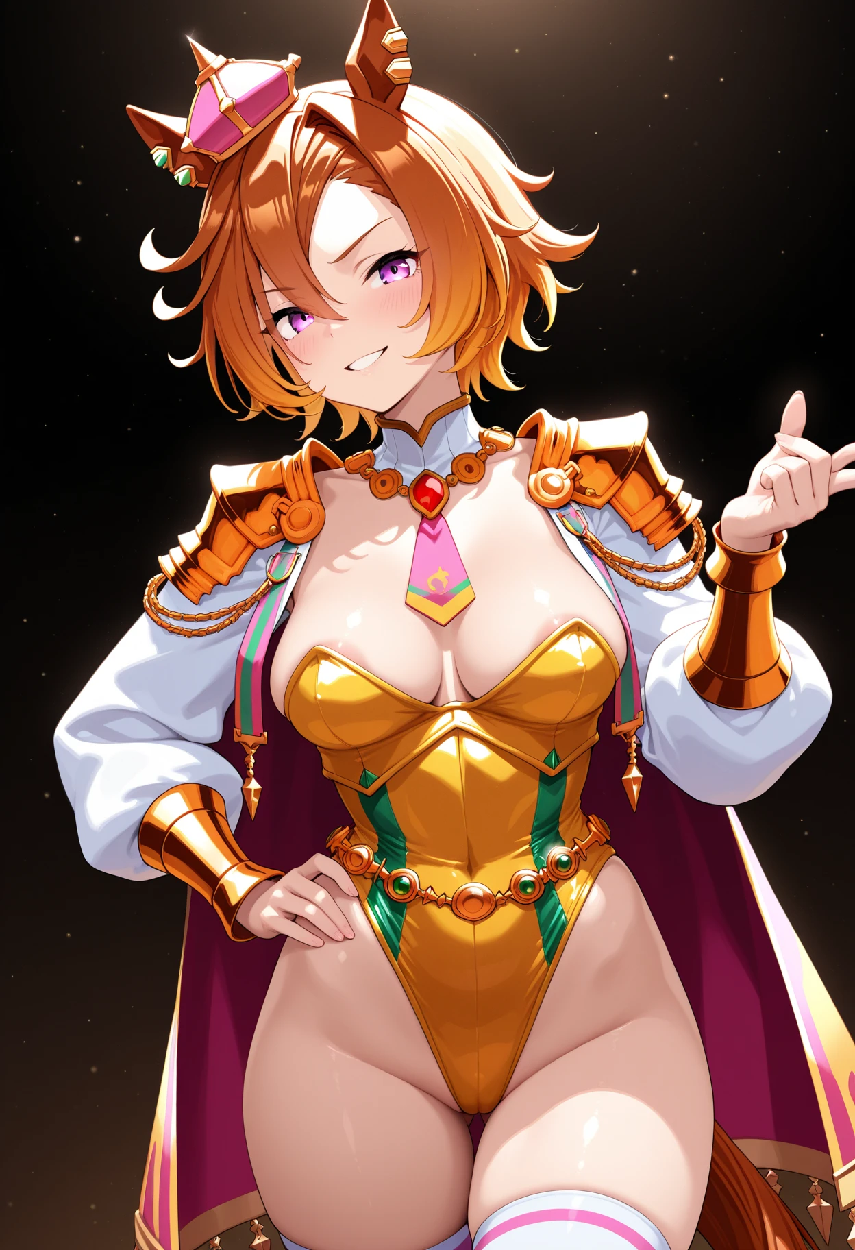 Headphones, red cheeks, detailed details (face, eyes, eyebrows, eyelashes) , fighting pause, official art, masterpiece, highest quality, portrait photo of one girl, 14-year-old girl, wearing a fight girl(micro bikini, gold color, metallic, ) 8k, colorful, semi short hair, high resolution, ( butt:1.2)(headphones:1.2), (excellent rendering, stands out in its class), (great detail, good lighting, wide angle), breasts (0.5), plump thighs, absolute area, detailed background, (Excellent rendering, Stand out in the same class), (Amazing details, Excellent lighting, Wide-angle), Big Breasts(0.6), Detailed Background、Ultra-detailed details、Plump thighs、A pose showing your butt to the main character、Squat、