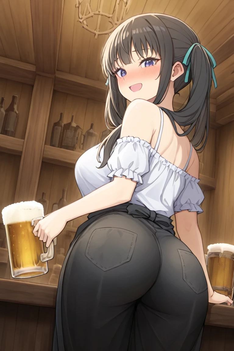 Long black hair, red eyes, sexy, beer maid, beer maiden, beer stein, stein, Oktoberfest, beer festival, tied hair, cute hairstyle, 19 years old, large breasts, triple D cup breasts, round buttocks, bubbly buttocks, wide hips, bubbly ass, serious look, gloss lips, full body shot, beautiful eyes, short beer mad dress, carrying beer stein, barrel of beer, night, sensual, straigh hair cut, clear skin, young 30 years girl, adult girl, solo, red, very long hair, 